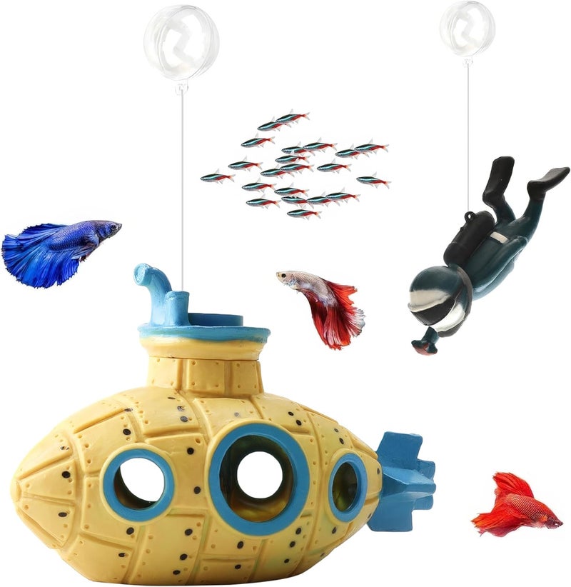 SUPTEC Floating Fish Tank Decoration, LittleCute Retro Submarine AquariumDecoration with Two Float Balls,Resinous Fish Tank Accessorie - Image 5